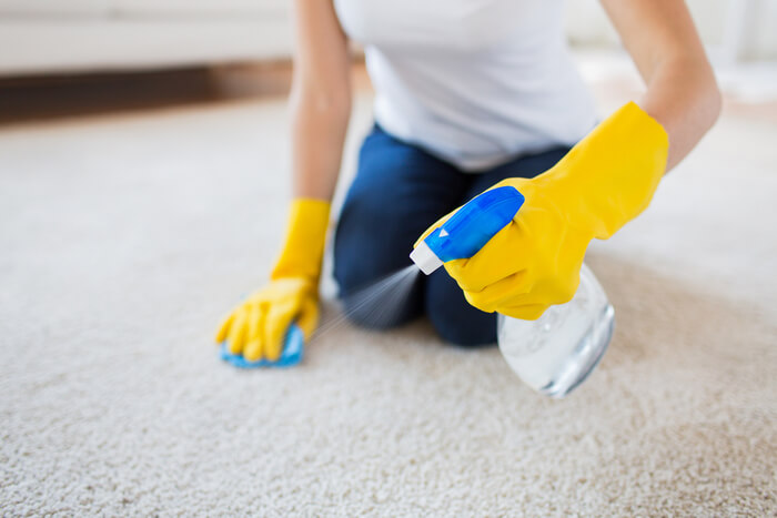 limpiar el desorden de la alfombra con una botella de spray